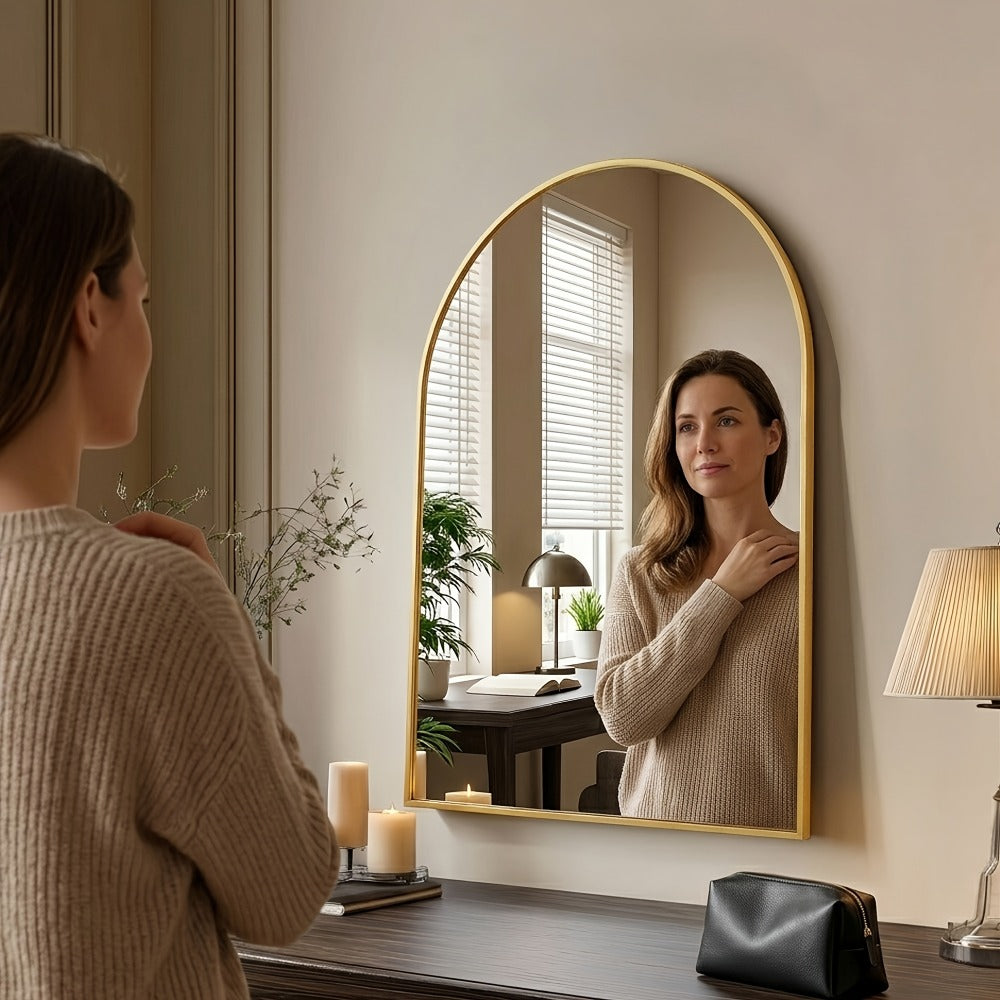 Arched Rectangle Metal Wall Mirror in Black or Gold with Seven Size Options up to 31 x 32 Inches