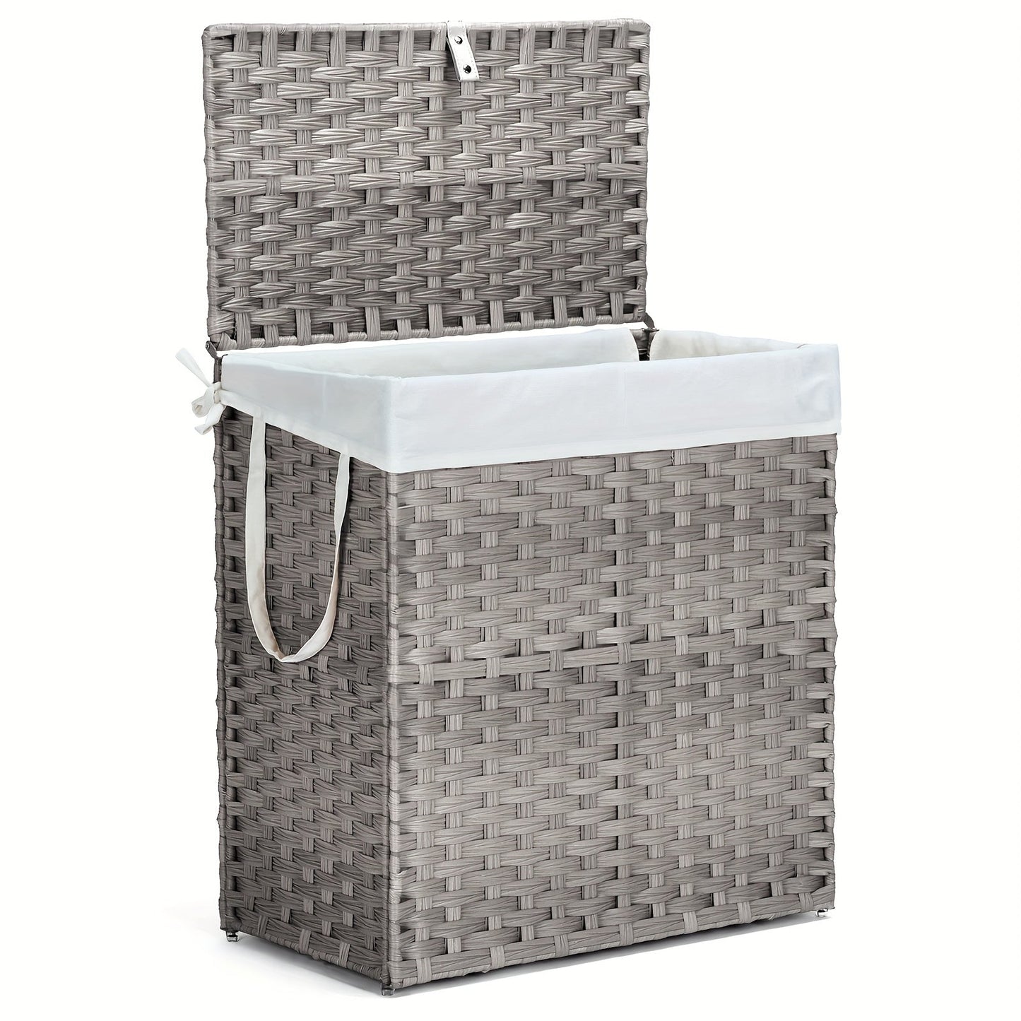 Lidded Woven Laundry Hamper with Removable Liner in Goose Yellow or Dove Gray and Two Capacity Labels