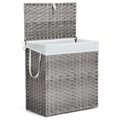 Lidded Woven Laundry Hamper with Removable Liner in Goose Yellow or Dove Gray and Two Capacity Labels