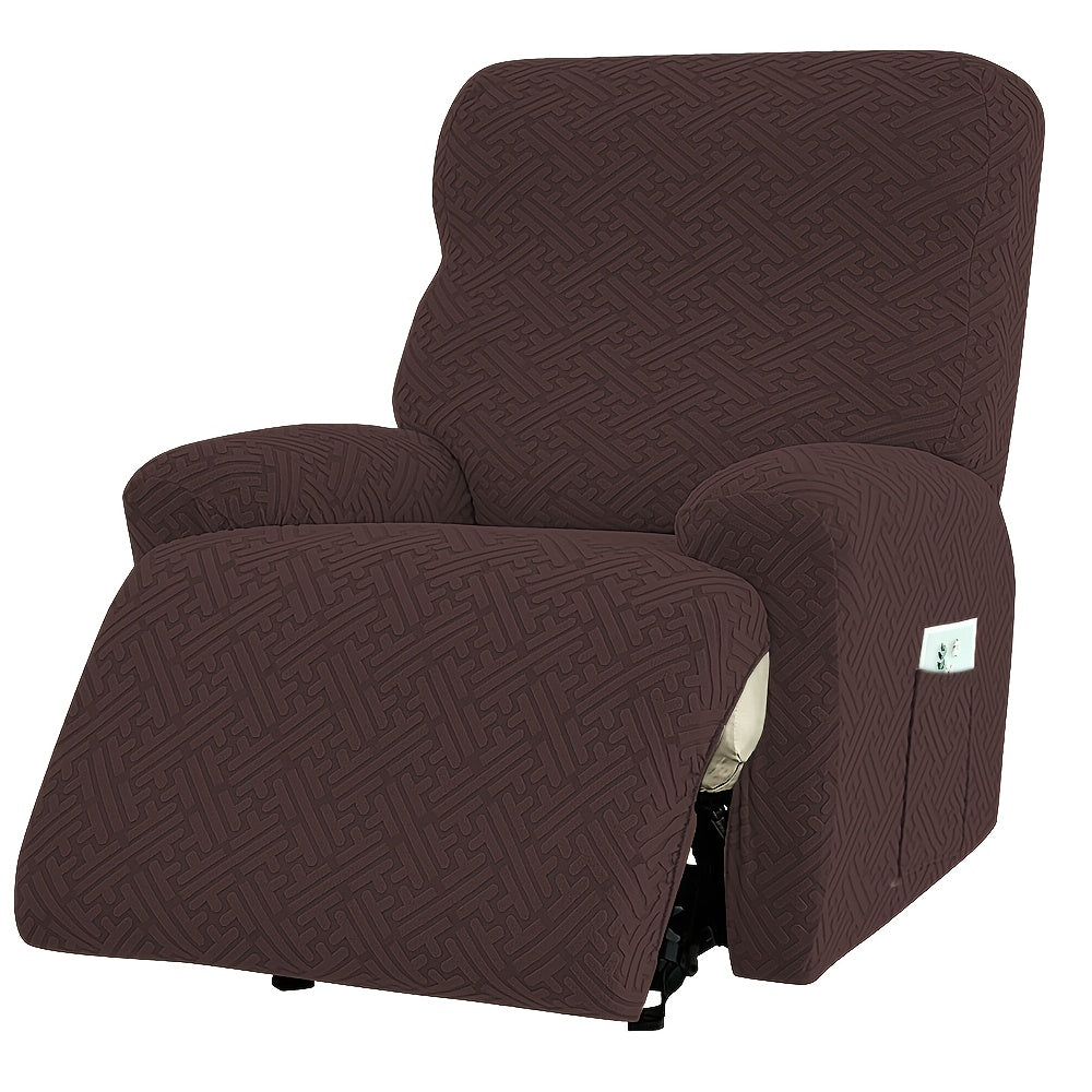 Four-Piece Maze Jacquard Recliner Chair Cover Set with Side Pocket and Nine Solid Color Options