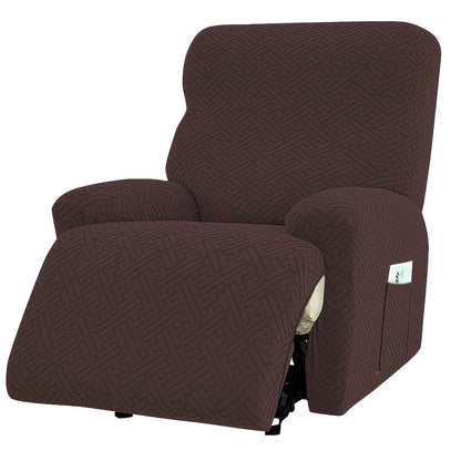 Four-Piece Maze Jacquard Recliner Chair Cover Set with Side Pocket and Nine Solid Color Options
