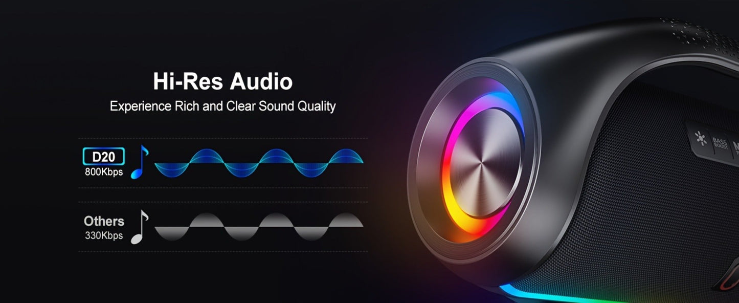 JYX D20 Portable Bluetooth Boombox Speaker with 3D Surround Sound, RGB Disco Lights, Deep Bass Boost