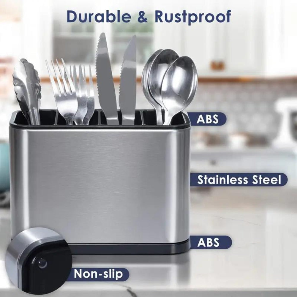 Utensil Holder Stainless Steel Cutlery Organizer 4-Compartment Countertop Caddy Anti-Slip for Home Cooking, Dining and Outdoor Meals