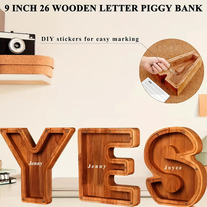 Wooden Letter Penny Bank – Alphabet Coin Bank Savings Box for Kids & Adults, Personalized Money Bank Birthday Gift