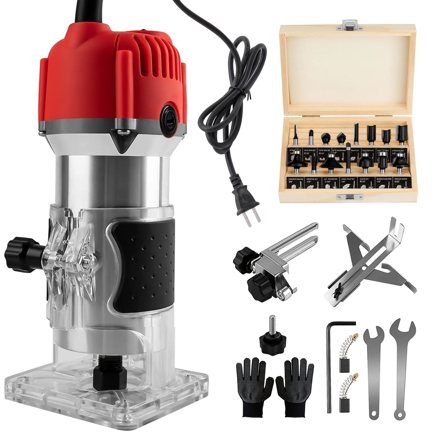 Compact 800W Wood Router Kit in Red or Blue with 15-Piece 1/4-Inch Bit Set and Guide Accessories