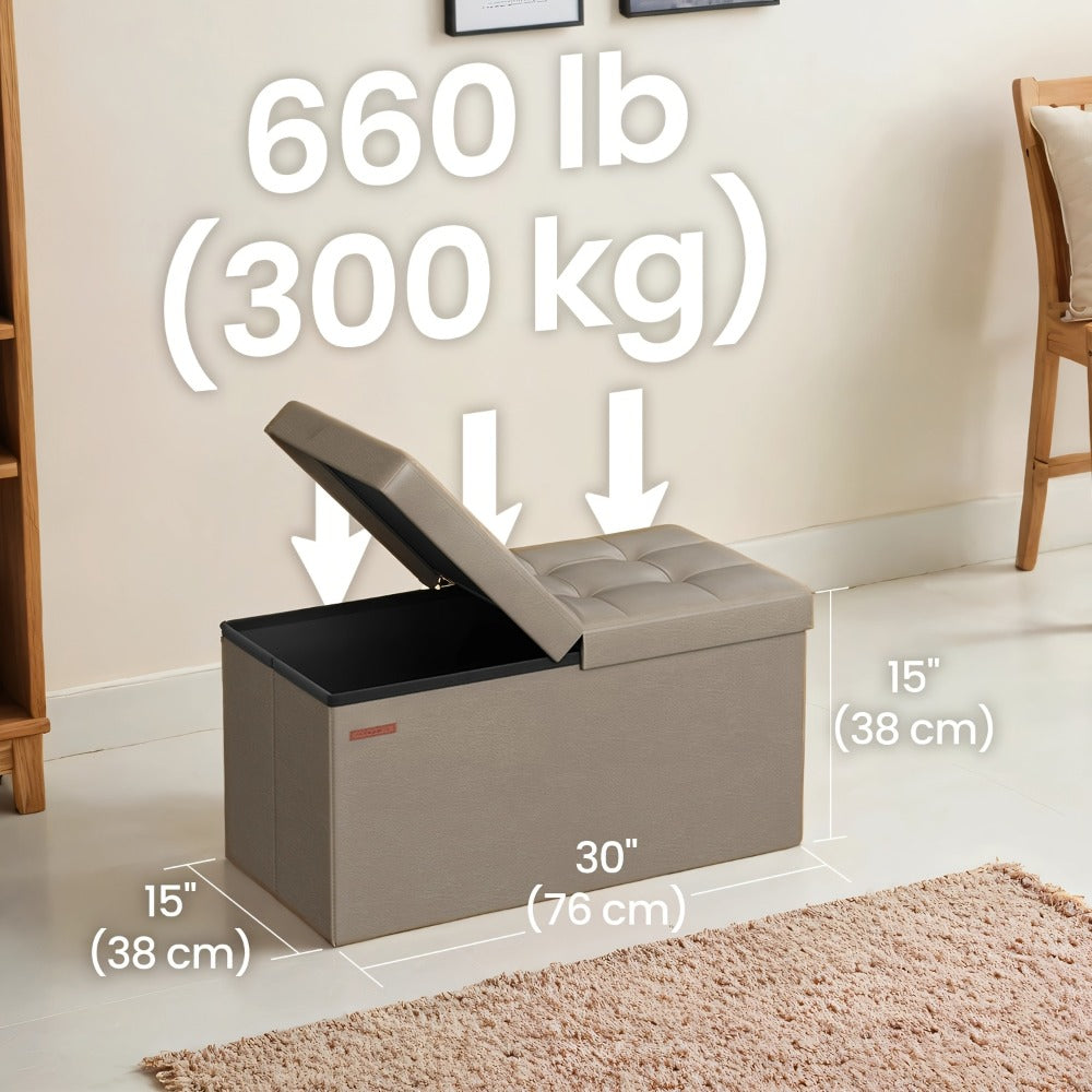 Storage Ottoman with Flip Top Lid, Foldable Faux Leather Chest Stool, 30" Wide Extra Seating & Blanket Storage for Entryway