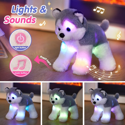 Musical Glowing Husky Puppy Plush Toy 12 Inch, Dog Stuffed Animal with Light-Up Night Light & Lullaby Music