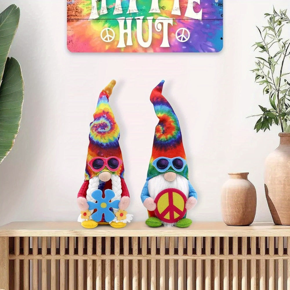 Hippie Gnomes Decorations 2 Pack – Groovy Tie Dye Tomte Figurines with Peace Sign & Fashion Glasses, 13.5" Swedish Gnome Shelf Sitters