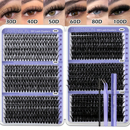 Premade Lash Clusters 708Pcs Mixed Length 30D 50D 80D 100D Wispy Volume Kit – Natural Fluffy DIY Lash Extensions with Bond Seal & Applicator