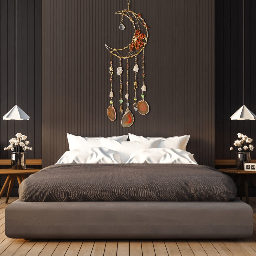 Moon Agate Tree Hanging Ornament Handmade Boho Suncatcher Wall Decor - Crystal Window Sun for Entryways, Bedrooms and Living Spaces