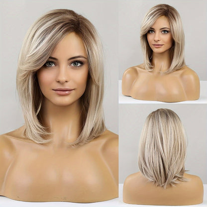 Synthetic Wig 16-Inch Mixed White-Golden Straight Style with Adjustable Rose Net Cap for Costume Looks