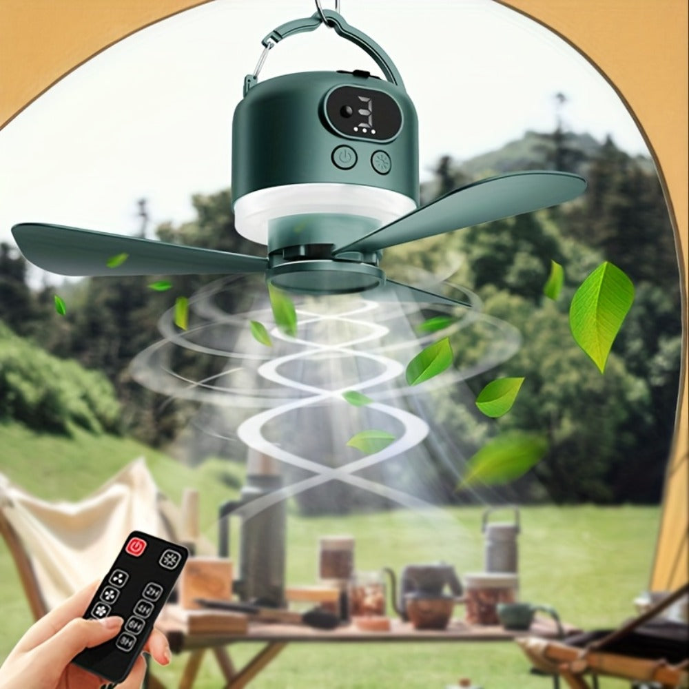 10400mAh Hanging Camping Fan with Remote Control, Three Wind Speeds, LED Light and White or Green Color Options