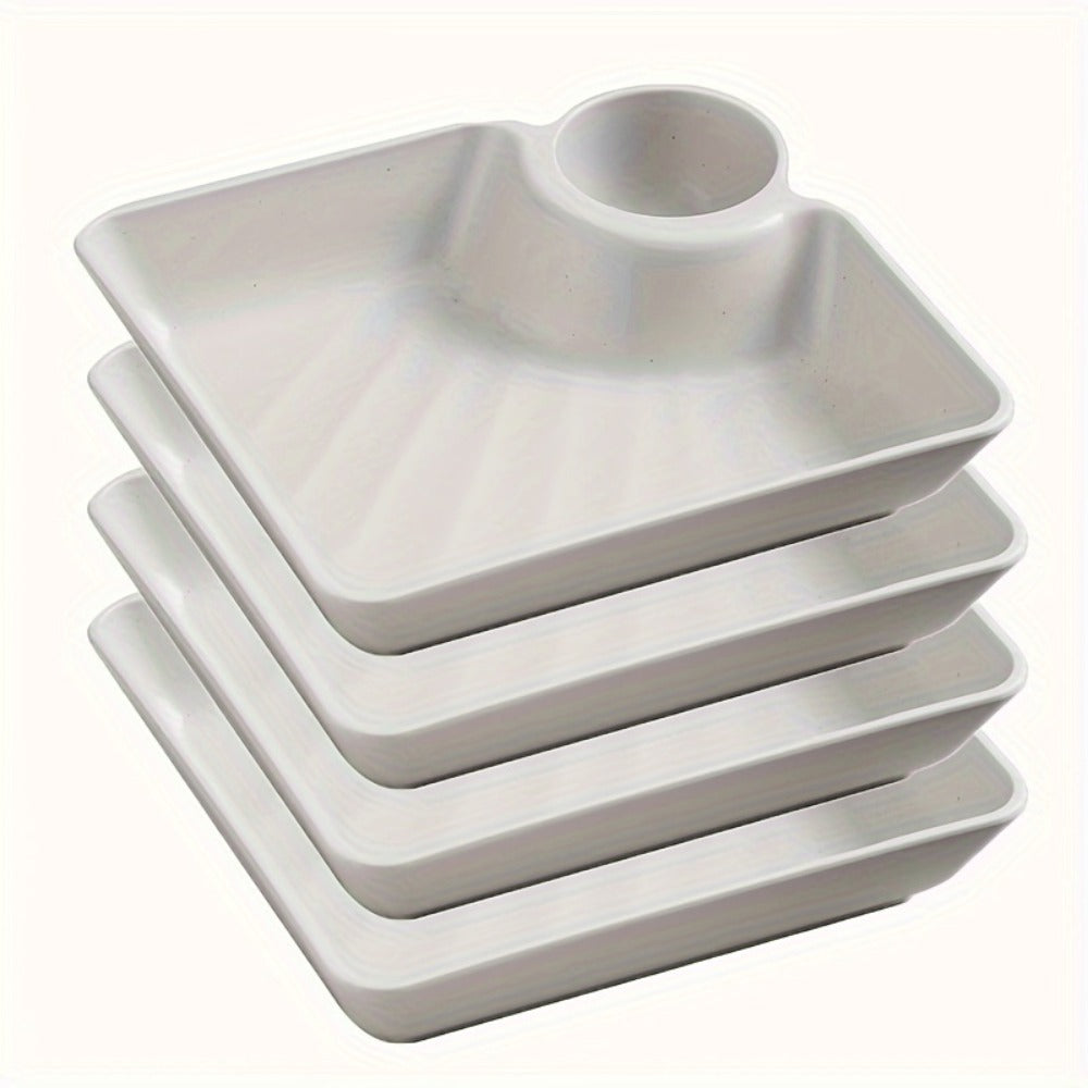 Colorful Serving Plates Set 4 Piece – BPA-Free PP Rectangular Snack, Sushi & Appetizer Plates with Dipping Sauce Compartments