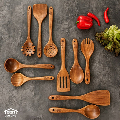 Kitchen Utensils 10-Piece Teak Wood Spoon and Spatula Set with Thickened, Basic and Shovel Configurations