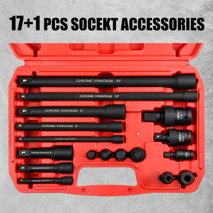 3/8-Inch Drive Impact Socket Set with 15-Piece Swivel or 17+1-Piece Accessory Kits in Red Cases