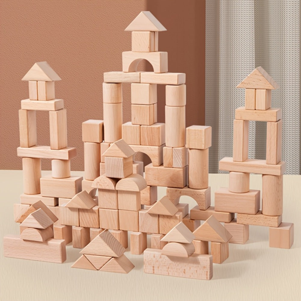 Natural Beech Wood Blocks 100 Piece Unpainted Solid Wooden Building Set, STEM Logical Thinking Toy for Kids Ages 3-12