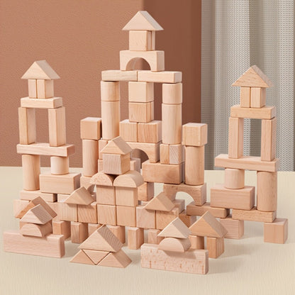 Natural Beech Wood Blocks 100 Piece Unpainted Solid Wooden Building Set, STEM Logical Thinking Toy for Kids Ages 3-12