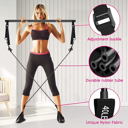 3-Section Pilates Bar Kit – 4 TPE Resistance Bands (40-50 lbs), 2 Ankle Straps & Storage Bag for Legs, Hips