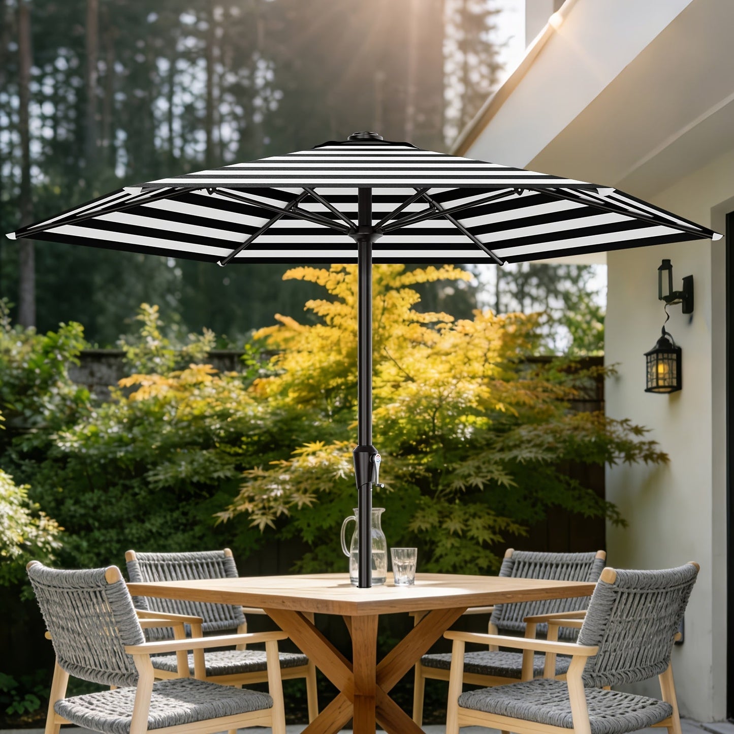 Patio Umbrella shown in the Black & White Striped, 9FT option