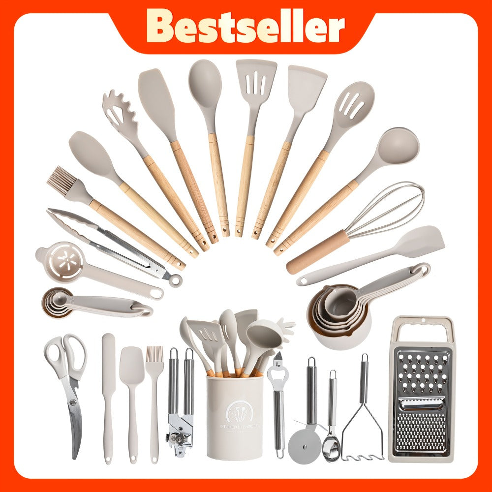 Silicone Kitchen Utensil Set 12PCS with Wooden Handle – Heat Resistant Non-Stick Safe for Home Cooking, Dining and Outdoor Meals
