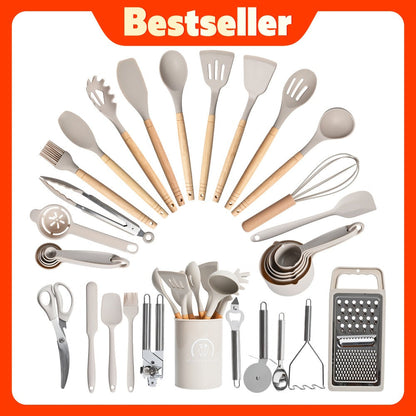 Silicone Kitchen Utensil Set 12PCS with Wooden Handle – Heat Resistant Non-Stick Safe for Home Cooking, Dining and Outdoor Meals