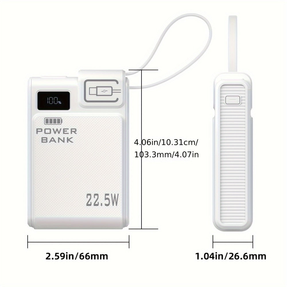 10000mAh Power Bank with 22.5W Label, Built-In USB-A and USB-C Cables, Three Outputs and Display