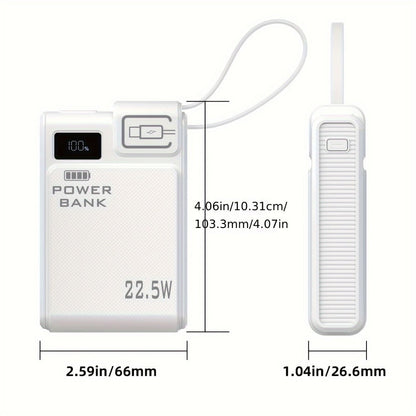 10000mAh Power Bank with 22.5W Label, Built-In USB-A and USB-C Cables, Three Outputs and Display