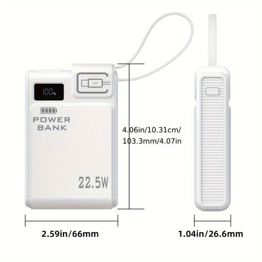 10000mAh Power Bank with 22.5W Label, Built-In USB-A and USB-C Cables, Three Outputs and Display