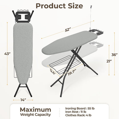 Ironing Board Full Size Foldable Height Adjustable with Clothes Rack Cord Holder 4-Layer Pad Heavy Duty Steel Legs for Laundry Room Living