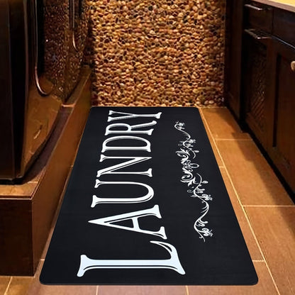 Laundry Room Mat Black & White LAUNDRY Text Non-Slip Machine Washable – Soft Polyester Cut-Pile Floor Rug for Laundry Room, Bathroom