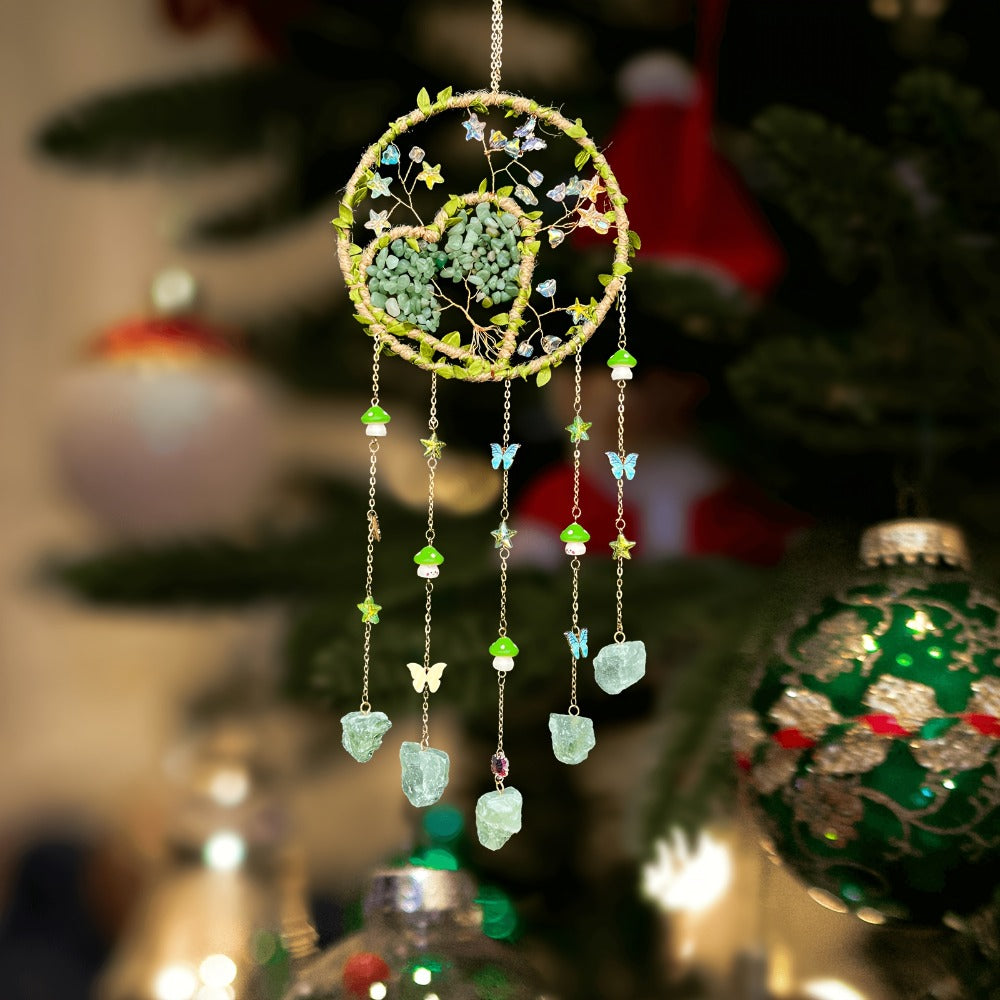 Boho Crystal Wall Hanging Decor – Handmade Stone Bead Wind Chime with Colorful Gemstone Heart & Circular Crystal Pendant for Bedroom Living