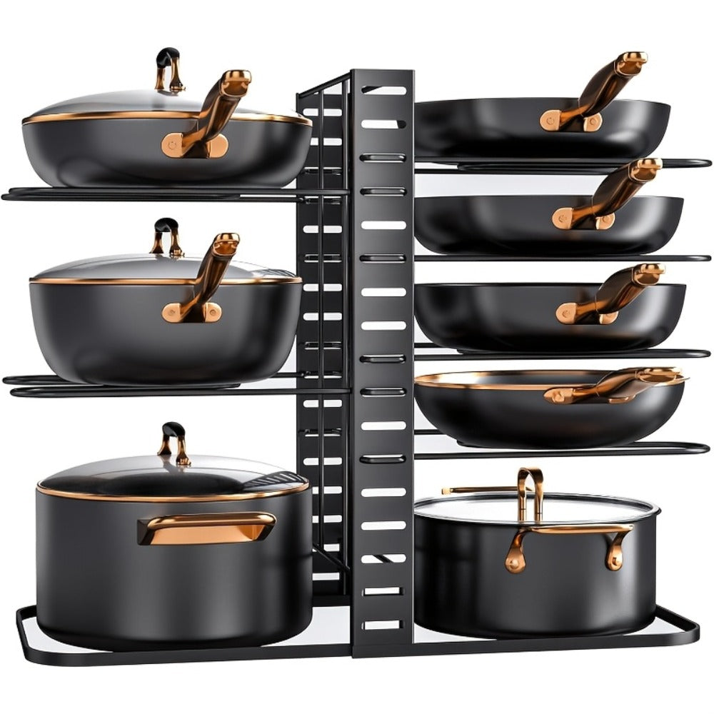 Eight-Tier Pot and Pan Organizer Rack in Black with Side Cookware and Lid Positions, One- or Two-Piece Sets