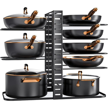 Eight-Tier Pot and Pan Organizer Rack in Black with Side Cookware and Lid Positions, One- or Two-Piece Sets