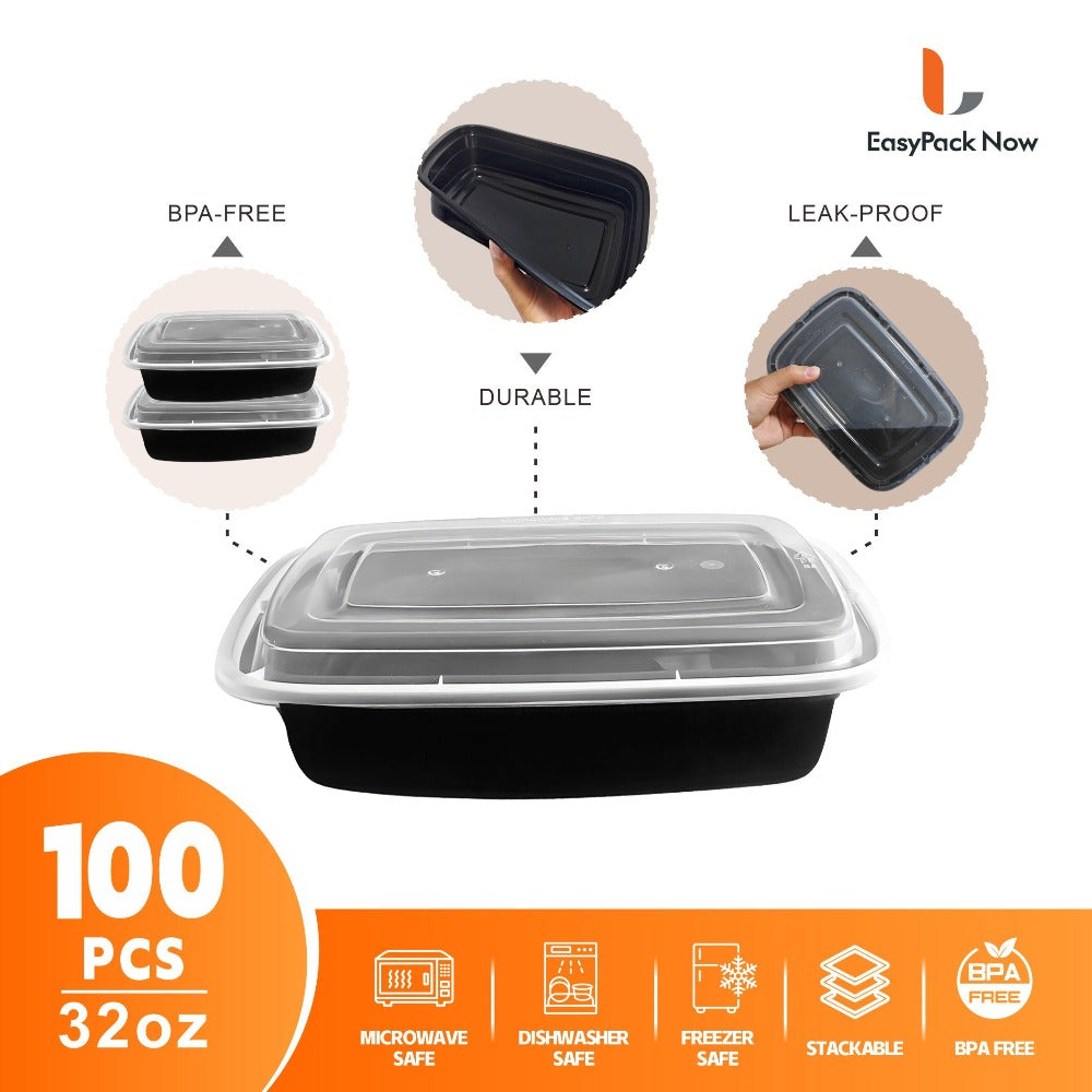 Storage Containers with Lids, 100-Piece Black Meal Prep Set with 50 Boxes, 50 Lids and 32 oz Capacity