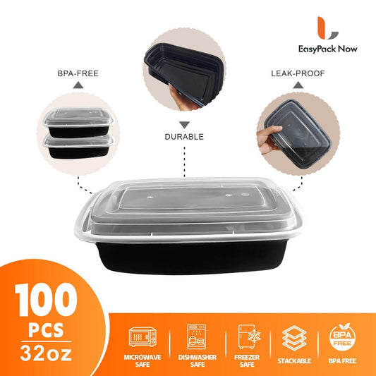 Storage Containers with Lids, 100-Piece Black Meal Prep Set with 50 Boxes, 50 Lids and 32 oz Capacity