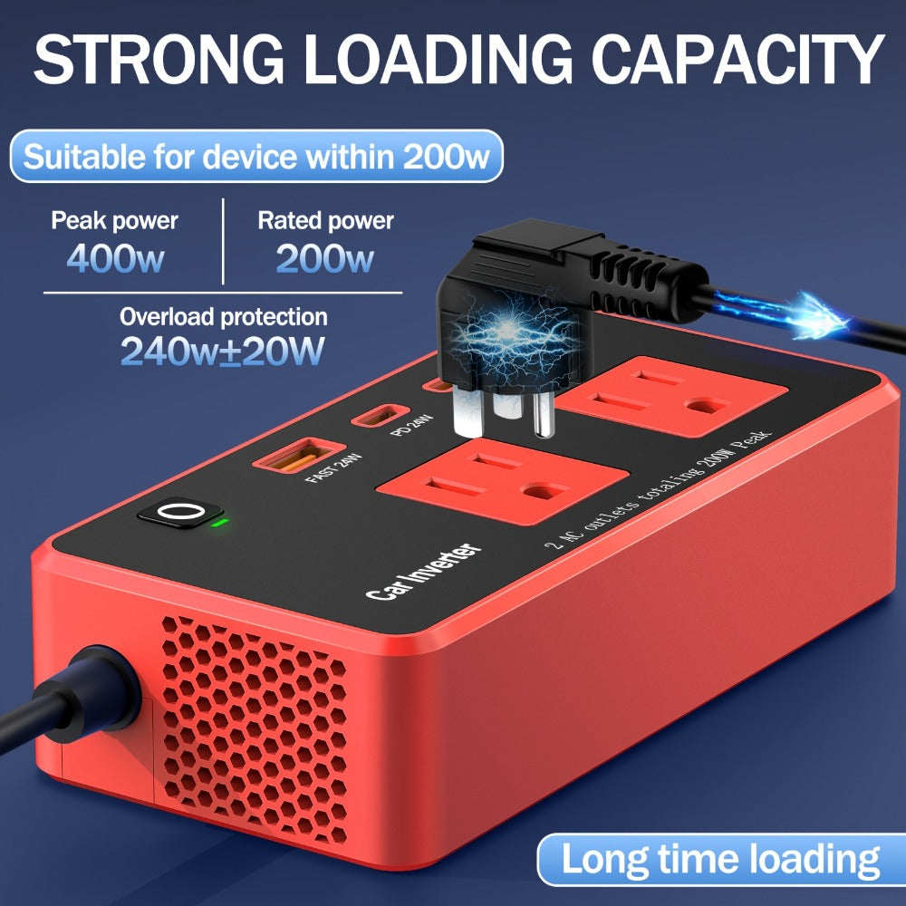 Car Power Inverter 200W – 12V DC to 110V AC, 4 USB Ports (PD & QC 3.0), Fast Charging Car Outlet Adapter for Road Trips