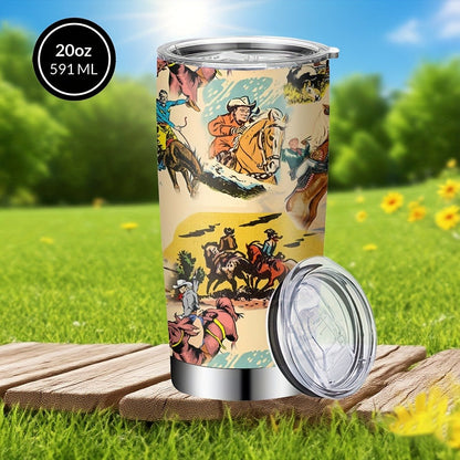 Insulated Tumbler 20oz Cowboy Western Graphic in Yellow Stainless Steel with Lid and Straw