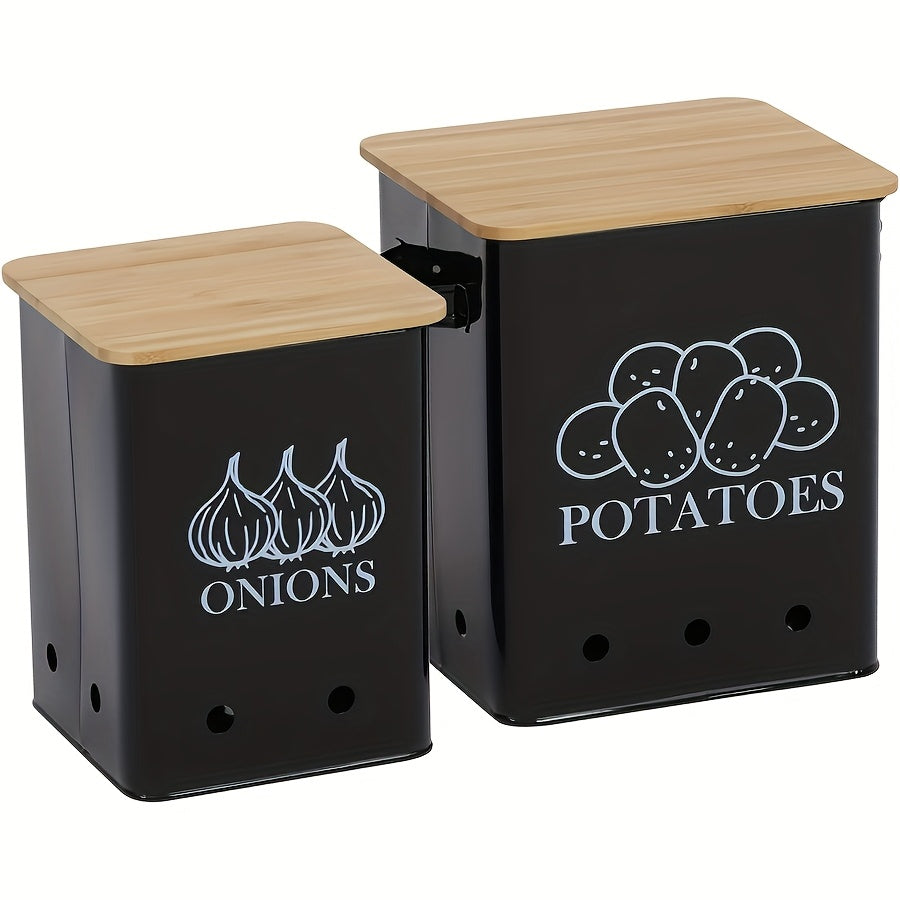 Kitchen Storage Canister Potato Onion Storage Bin Aerating Ventilation Holes Wooden Lid for Home Cooking, Dining and Outdoor Meals