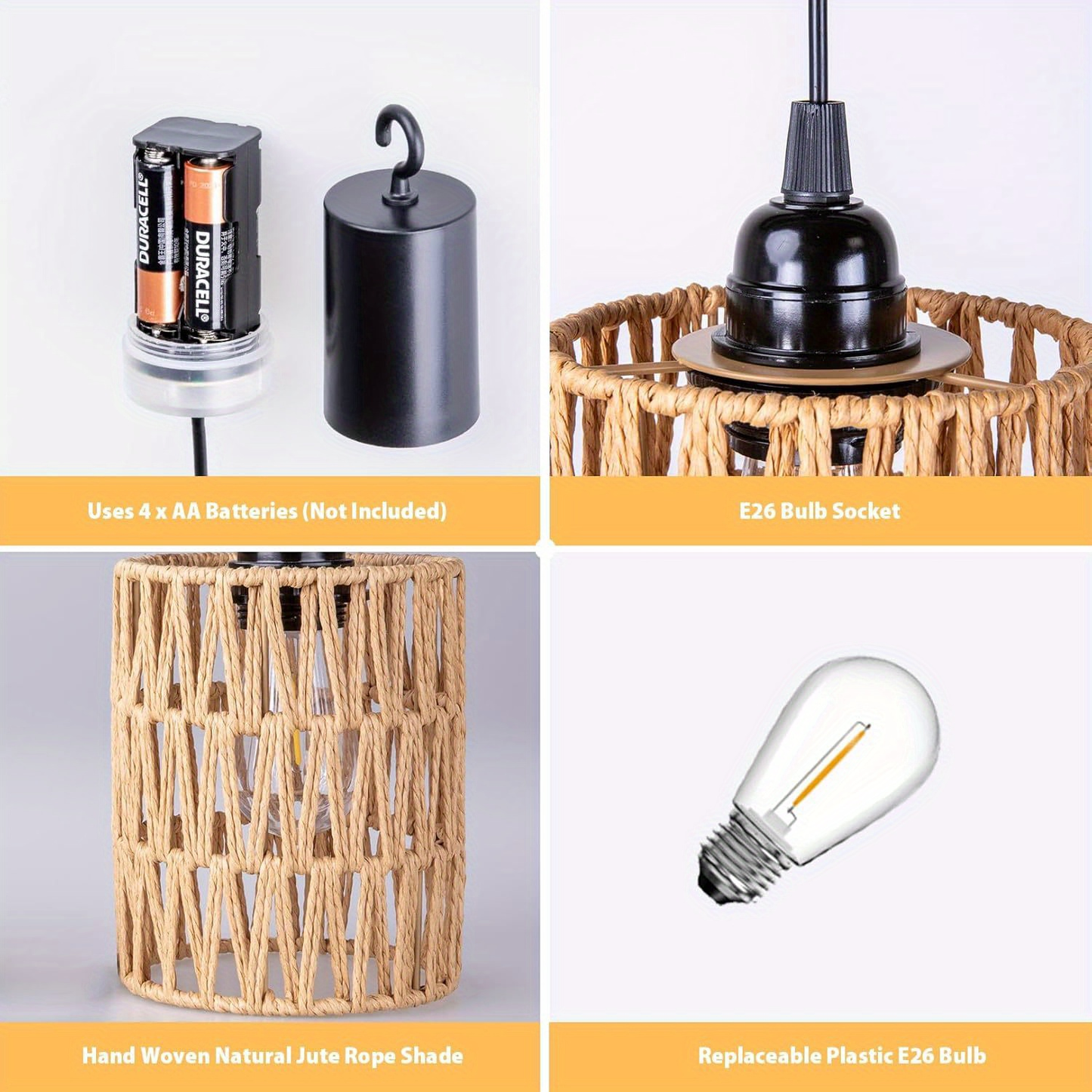 Battery Operated Pendant Light Rattan Boho Chandelier Hanging Light Warm White Bulb Wireless No-Wiring for Gazebo Pergola Porch Patio