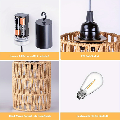 Battery Operated Pendant Light Rattan Boho Chandelier Hanging Light Warm White Bulb Wireless No-Wiring for Gazebo Pergola Porch Patio