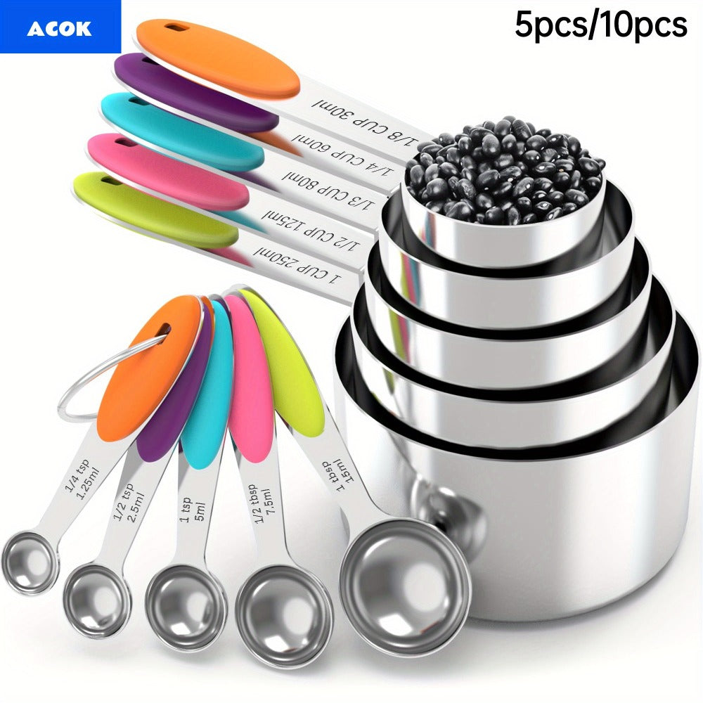 Measuring Cups and Spoons Set 10-Piece Stainless Steel with Silicone Handle, Precise Baking & Cooking Measurement Tools