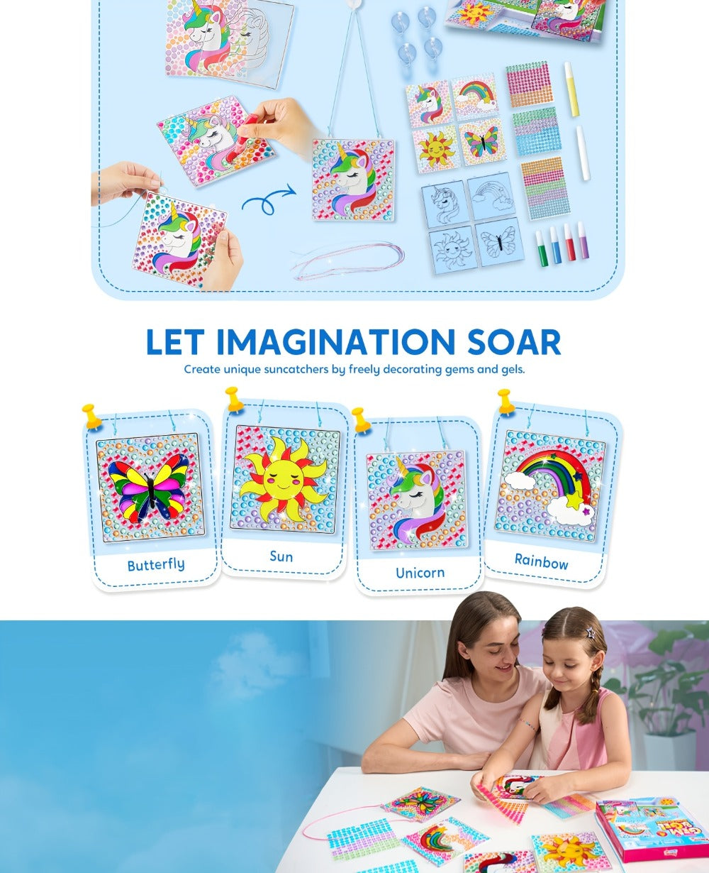 Suncatcher Painting Kit 4pcs for Kids, 2-in-1 Window Art with Gem Stickers & Paint Pens, Butterfly Unicorn Rainbow Sun Designs