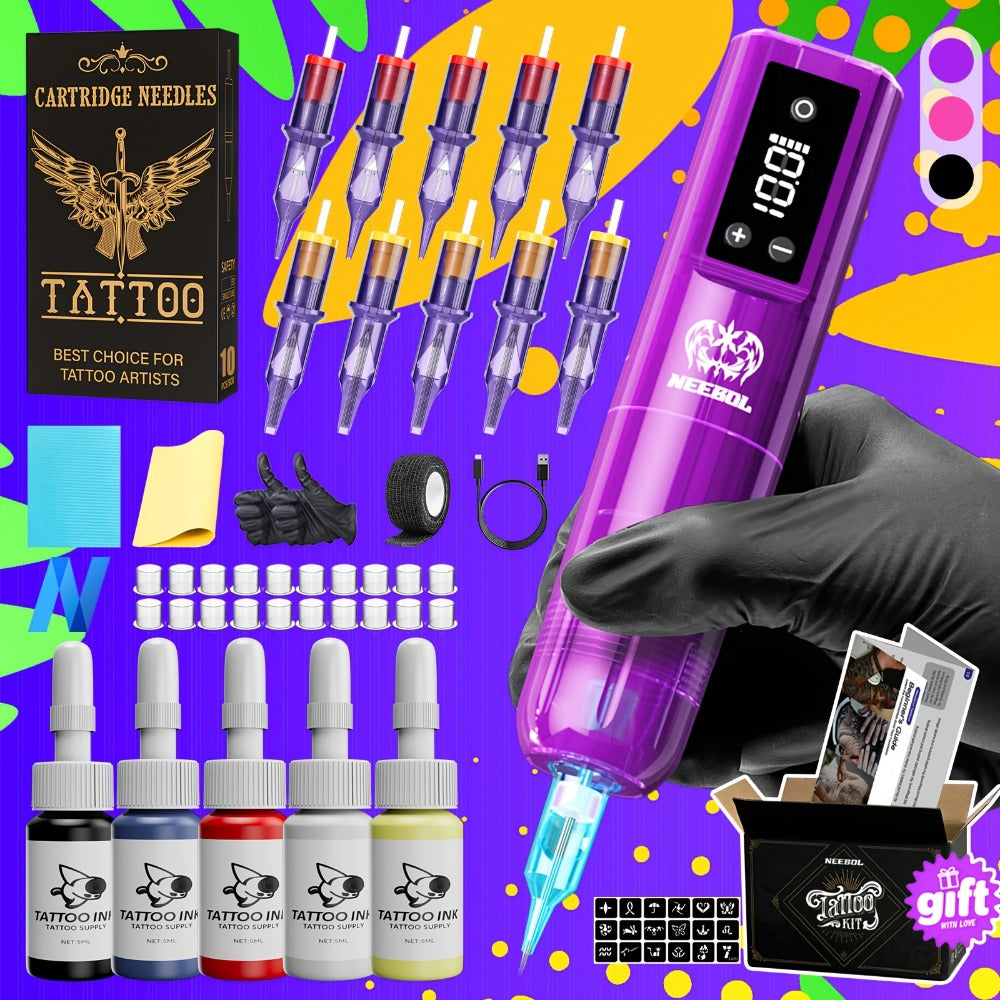 Cordless Rotary Tattoo Machine Kit Complete Set with Screen Display 6-8Hr Battery 20 Needles 7 Inks
