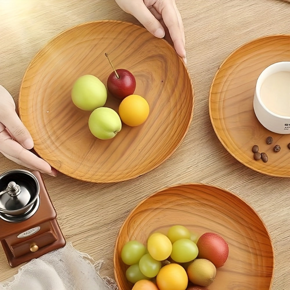 10pcs Wood Grain Dinner Plates Set – Round Striped Plastic Serving Trays for Home Kitchen Dessert Shop Restaurant