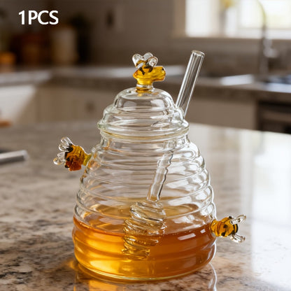 480ml Beehive-Shaped Glass Storage Jar with Honeycomb Accents, Matching Lid and Spiral-Ended Stirrer