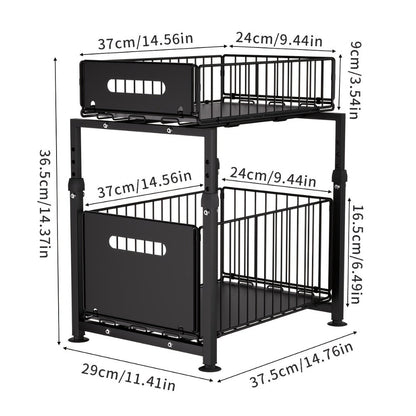 Under Sink Organizer 2-Tier Pull Out – Adjustable Height Carbon Steel Cabinet Storage Shelf for Kitchen and Bathroom