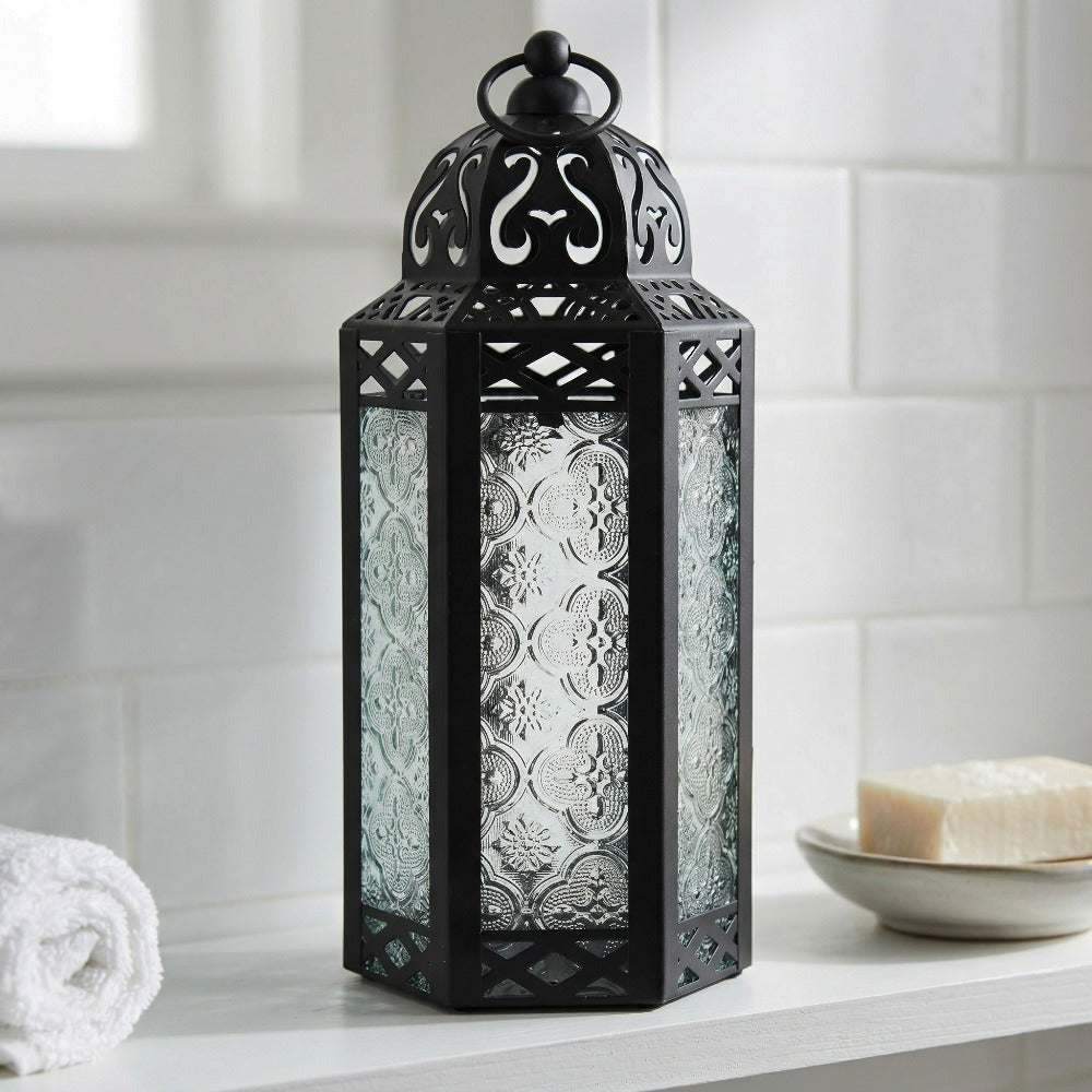 Moroccan Candle Lantern Holder - Decorative Metal & Glass Lantern with Embossed Floral Design for Indoor Home Decor