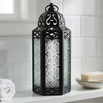 Moroccan Candle Lantern Holder - Decorative Metal & Glass Lantern with Embossed Floral Design for Indoor Home Decor