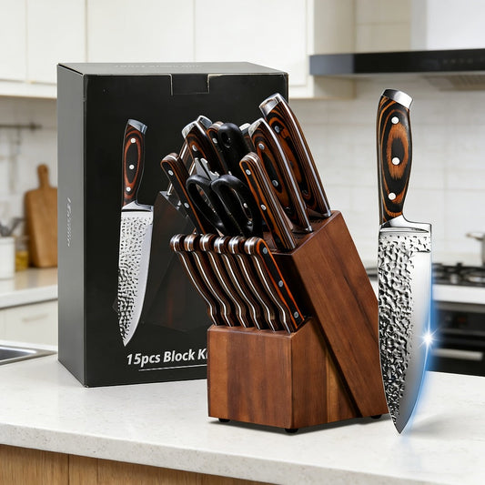 Kitchen Knife Set 15-Piece & 20-Piece Professional Chef Knives with Block Sharpener Ultra-Sharp Medium Carbon Stainless Steel Hammered Blade