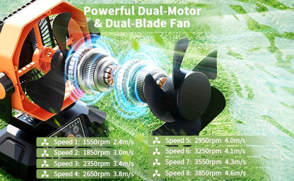 Camping Fan Battery Powered 20000mAh, Dual Motor 8-Speed Portable Tent Fan with Remote Control, 4 LED Lanterns and Hanging Hook
